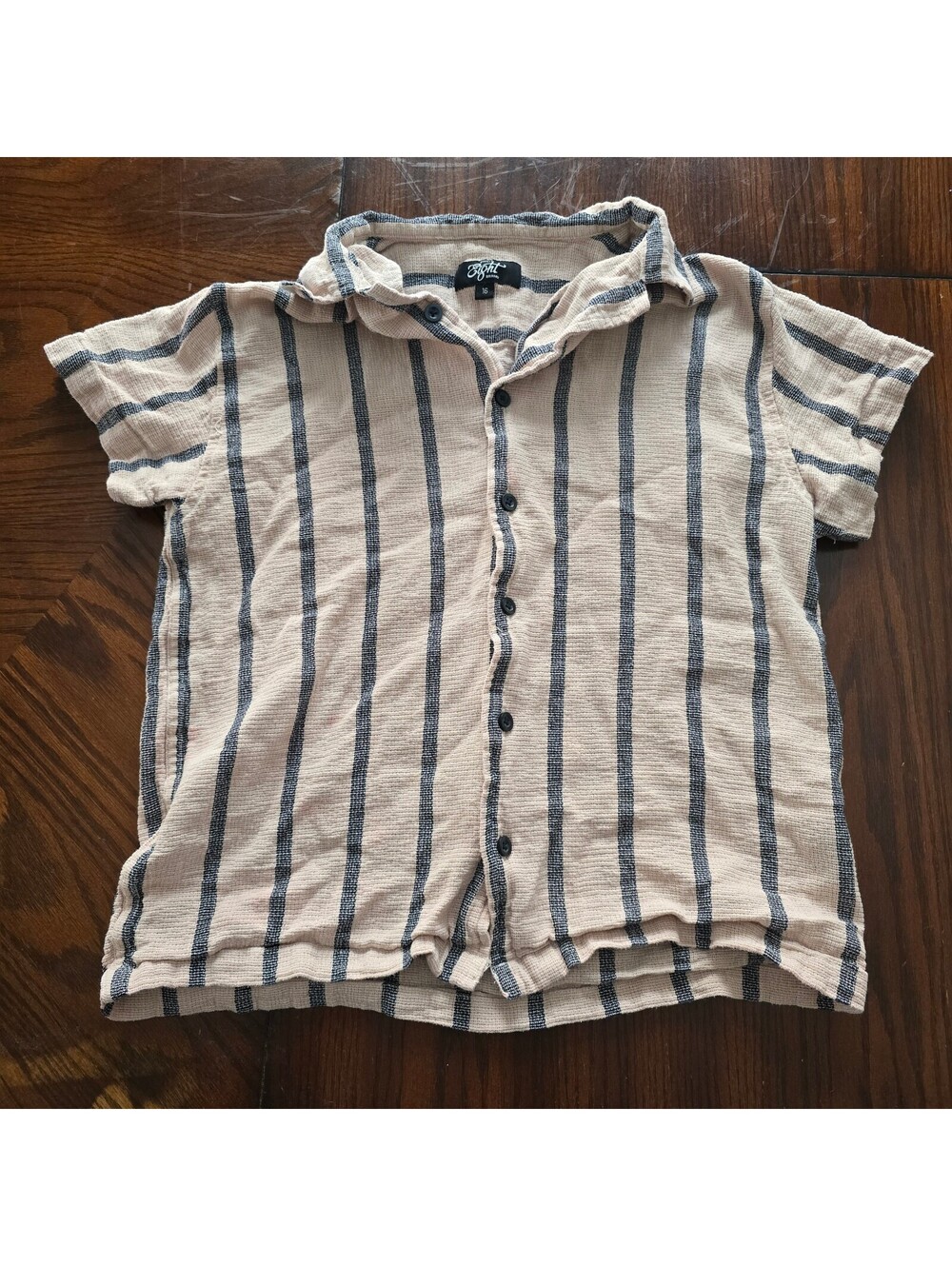 Eighty eight beige and gray striped short sleeve button front top size 16
